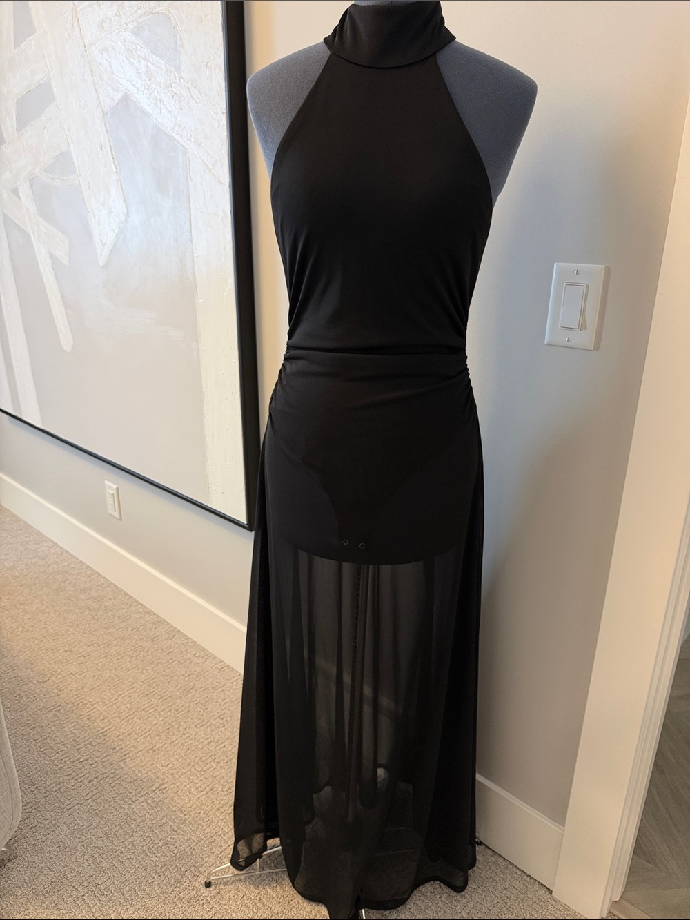 NWT Black Halter Maxi Dress with Bodysuit and Sheer Skirt